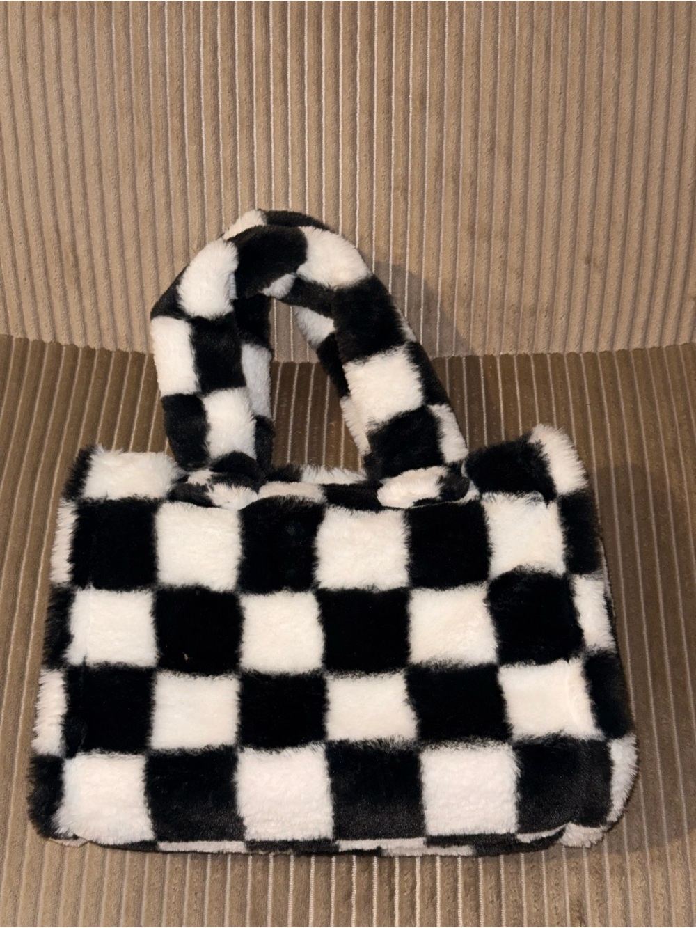 Call It Spring Black & White Checkerboard Faux Fur Tote